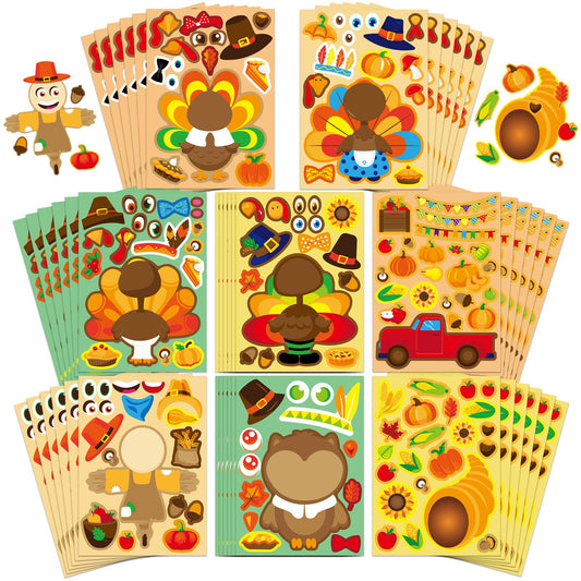 Thanksgiving Make-a-Face Turkey & Scarecrow Sticker Sheets – 48 Pack