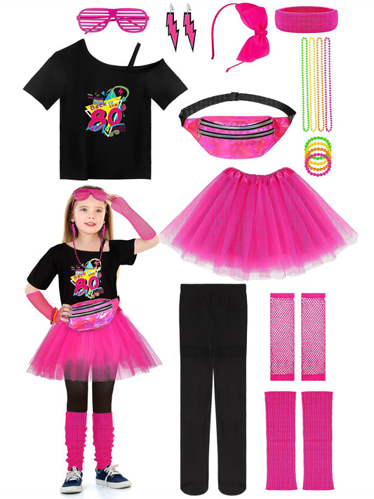 Girls' 80s Costume Accessories Set – 18 Piece, Hot Pink Iridescent