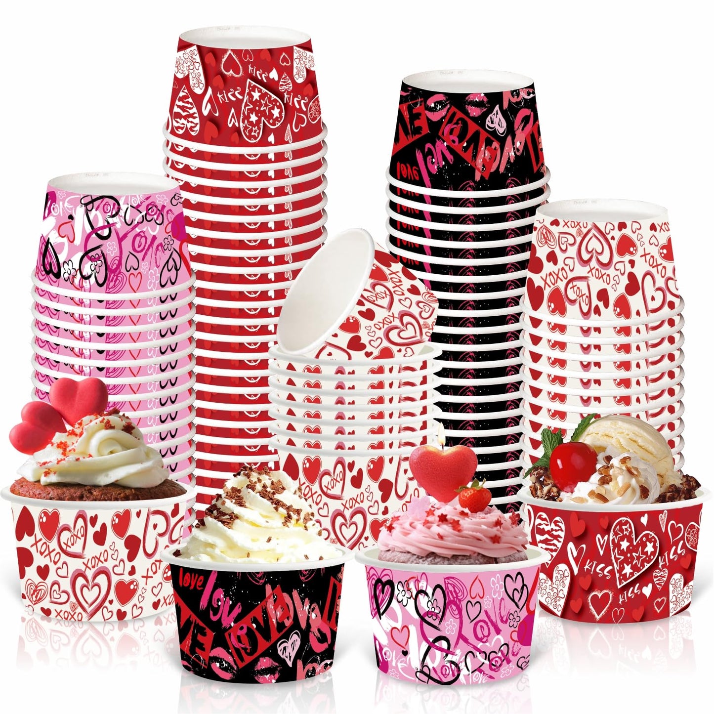 Valentine Hearts Paper Dessert Cups 8oz – 60 Pack