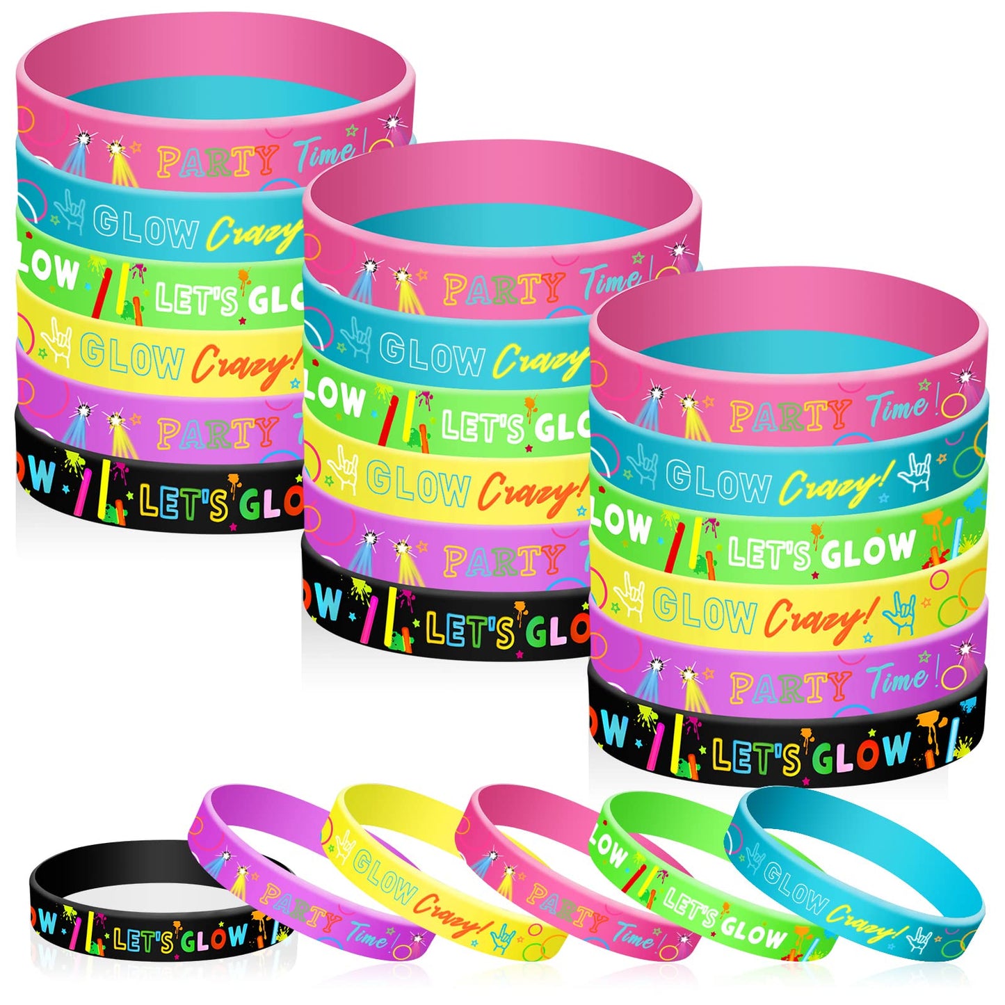 Glow in the Dark Silicone Party Bracelets – 36 Pack, 6 Styles