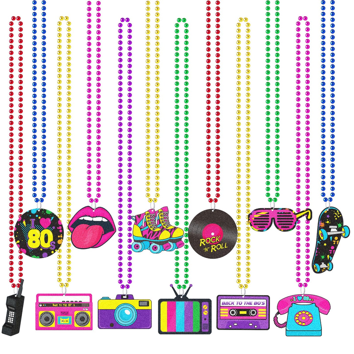 80s Retro Neon Metallic Beaded Party Necklaces – 48 Pack