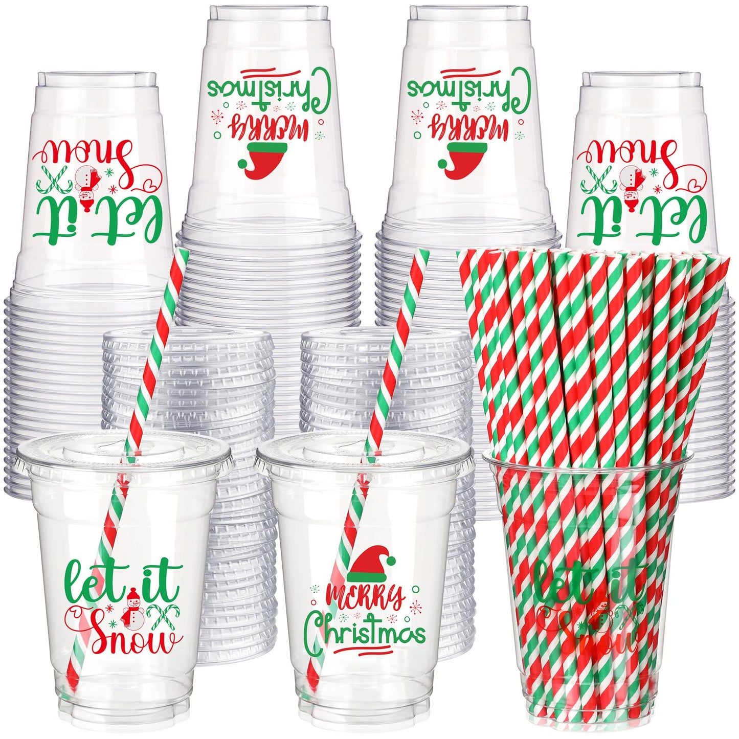 Christmas 12 oz Plastic Cups with Lids and Straws