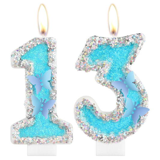iNINGER Birthday CandlesNumber 13 CandleButterfly 13th Birthday DecorationsBlue Happy Birthday CandleHandmade Sequin Numeral Candle Wedding Cake Topper Anniversary Party Decor