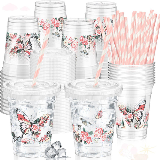 Butterfly 12oz Plastic Cups with Lids & Straws – 50 Pack