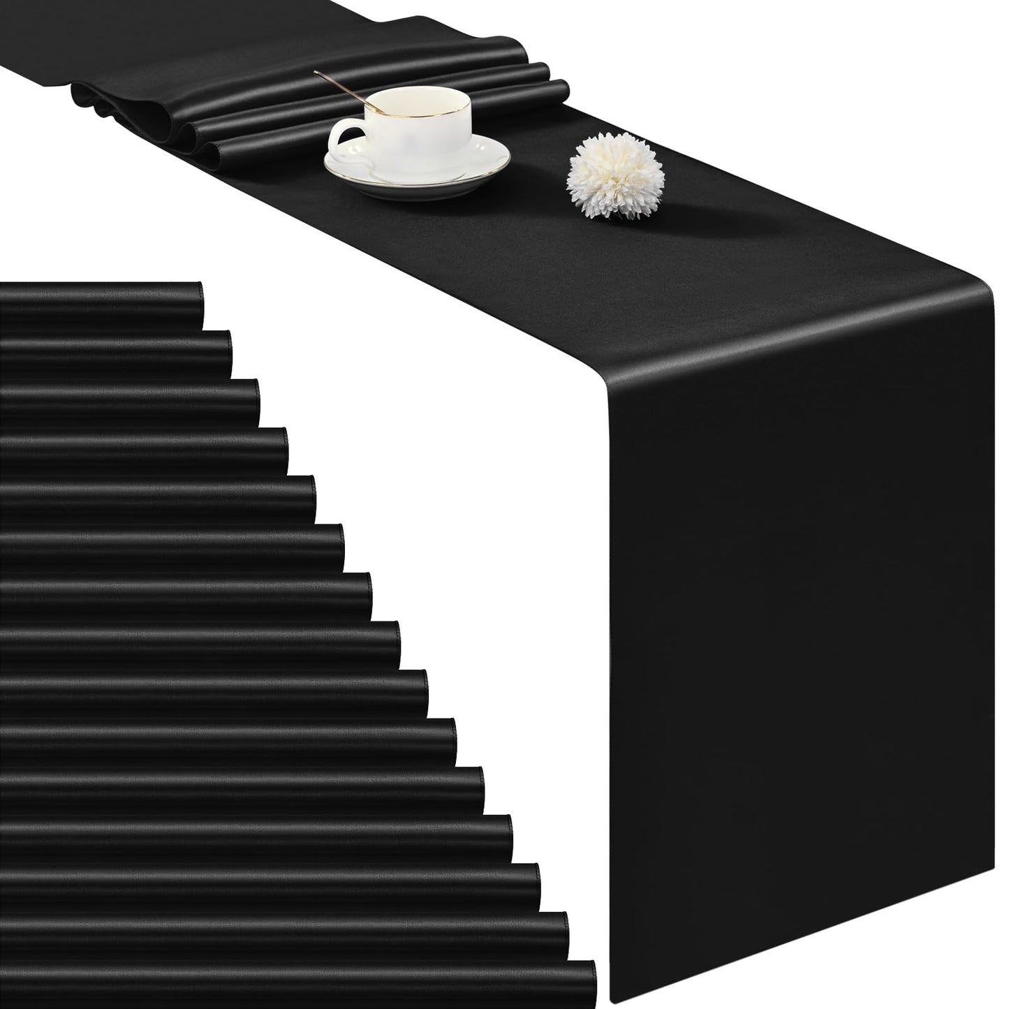 24 Pack Satin Table RunnerBright Silk Table Runner for Wedding Smooth Fabric Table Runner Wedding Table Runner 12×72 Inch Long Table Runner for PartyBanquetEvents Decoration(24Pcs-Black)