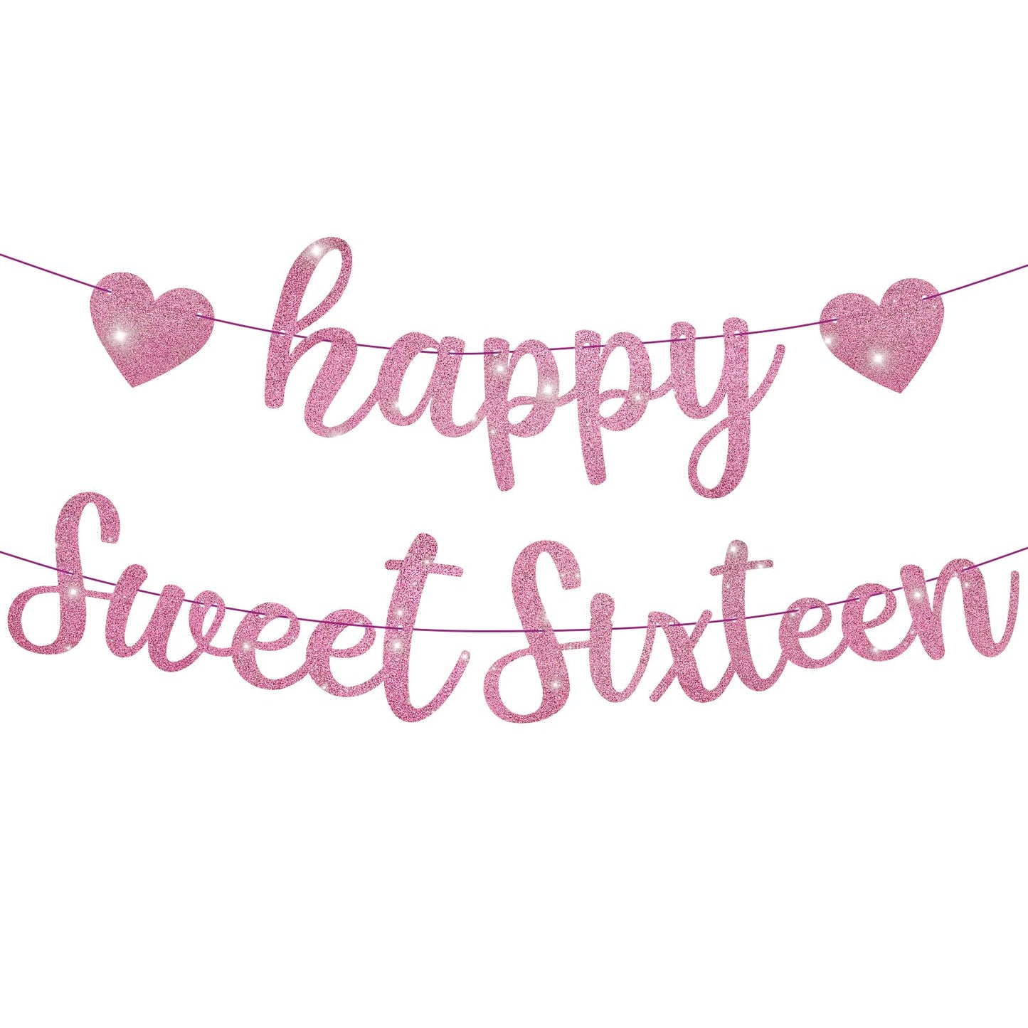 Pre-Strung Sweet Sixteen Birthday Banner – Pink Rose Gold Glitter