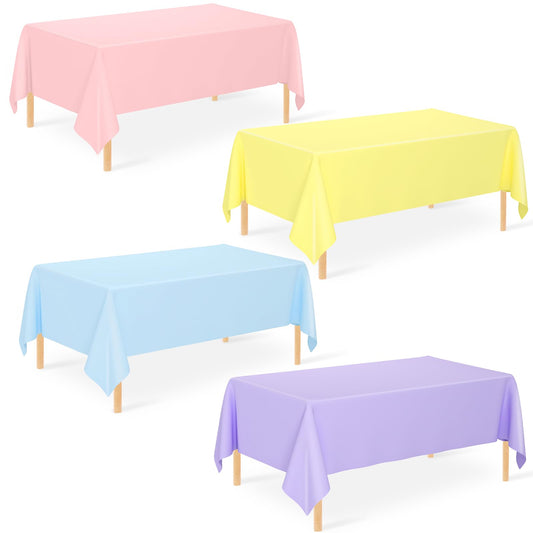 WNINK 4 Pcs Plastic Pastel Color Tablecloths Blue Pink Yellow Purple Table Cloth Disposable Rectangle Table Covers for Baby Shower Bridal Shower Wedding Birthday Party Decorations 54 x 108 Inch