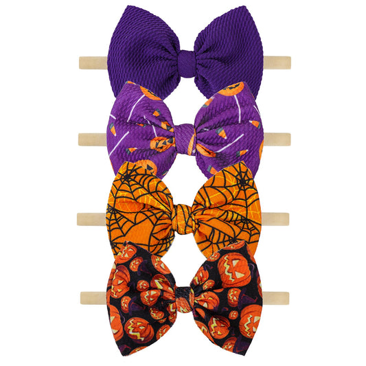 YanJie HAIRBAND 4pcs Halloween Themed Headbands for Baby Girls Elastic Nylon Spider Pumpkin Printed Bows in Orange & Purple Newborn Toddler Infant Hair Accessories 14 Pieces Gift