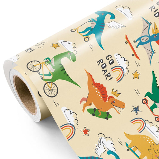Cycling Dinosaur Wrapping Paper Roll – 17 Inch x 33 Feet
