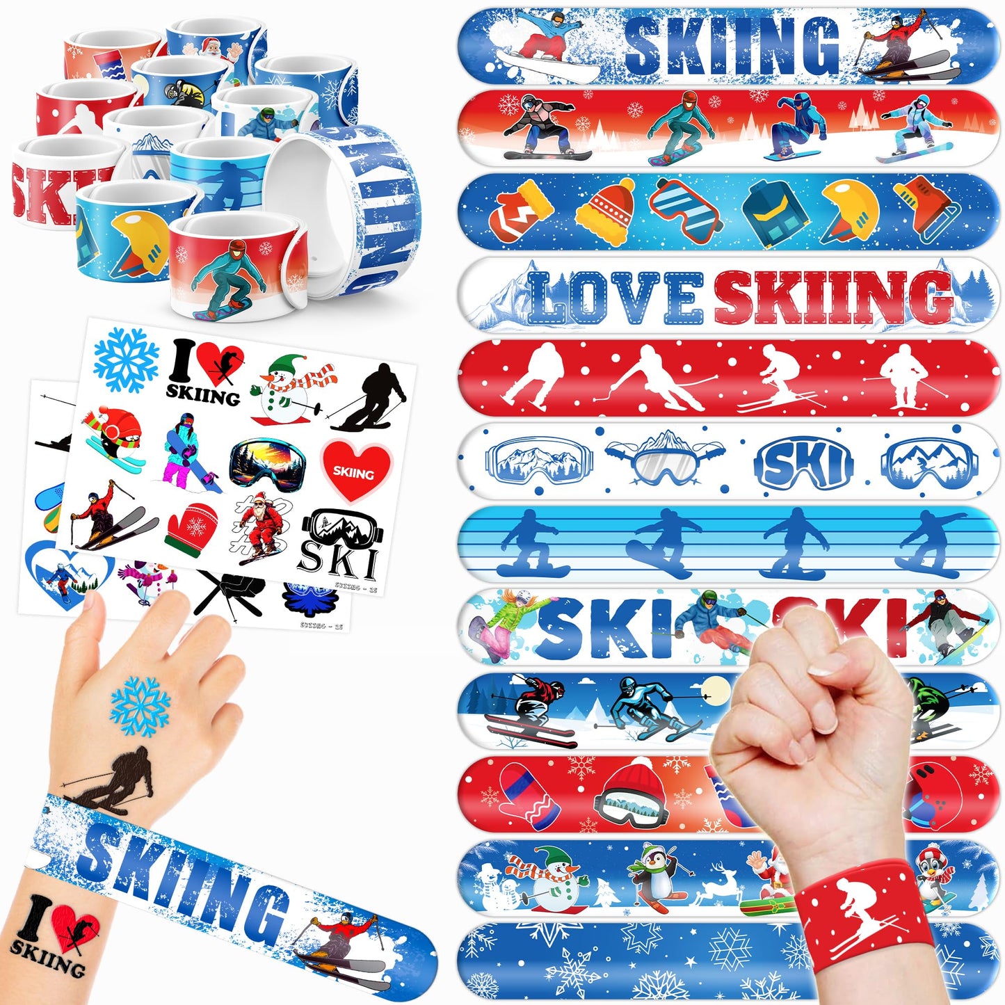 Skiing Slap Bracelets & Temporary Tattoos Party Favours – 48 Pack