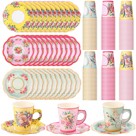 Mifoci 200 Pcs Vintage Tea Party Supplies Includes 100 Pcs Floral Paper Plates and 100 Pcs 9 oz Disposable Paper Tea Cups for Hot Cold Drink Wedding Baby Shower Tea Party Decorations (Vibrant)