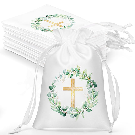 PerKoop 50 Pcs Baptism Satin Gift Bags with Drawstring 4 x 6 Inch Religious Party Favor Candy Bags Cross Gift Bag Jewelry Pouches for Baptism First Communion(White Greenery)