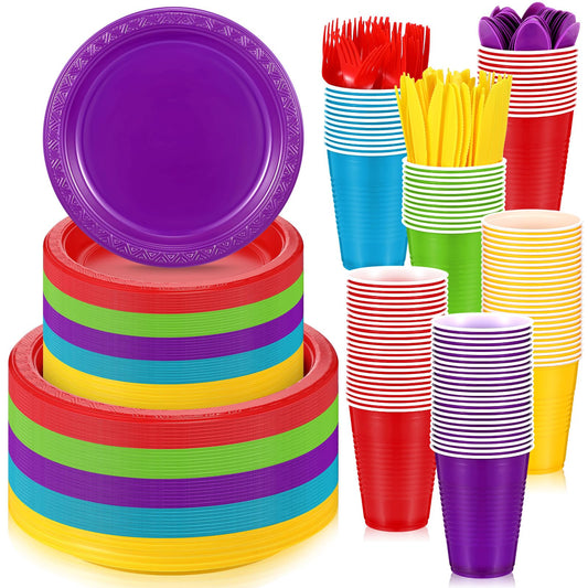 Uiifan 300 Pcs Multicolor Plastic plates and napkins party supplies plastic dinnerware set Include 50 Plastic Dinner Plates 50 Plastic Appetizer Plates 50 Plastic Cups 50 Knives 50 Forks and 50 Spoons