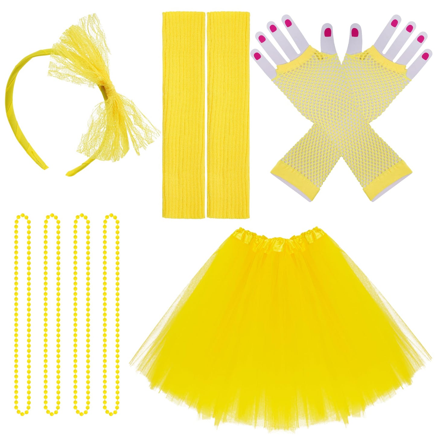 jiebor 80s Costume Accessories Outfits for Women Tutu Skirt Headband Leg Warmers Fishnet Gloves Necklace Halloween Party Yellow