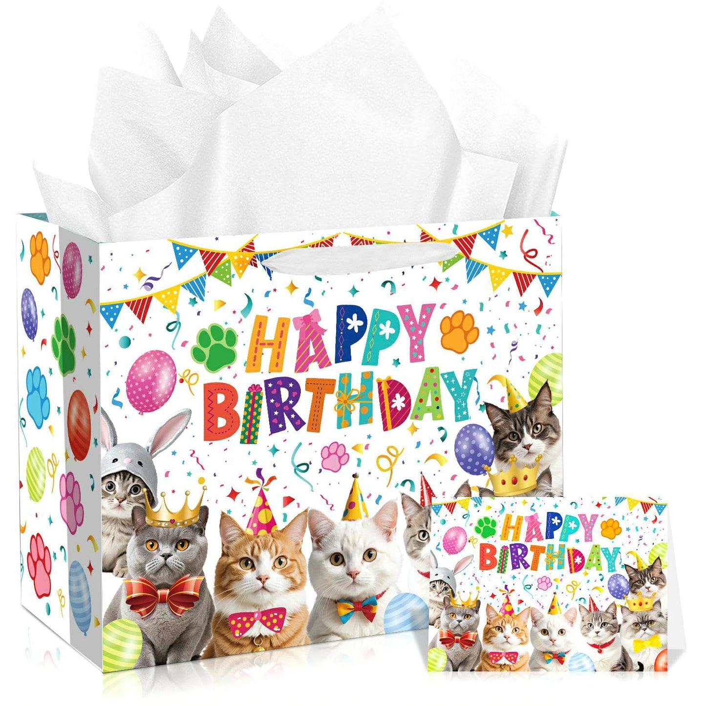 Cat Birthday Gift Bag with Wrapping Paper & Greeting Card