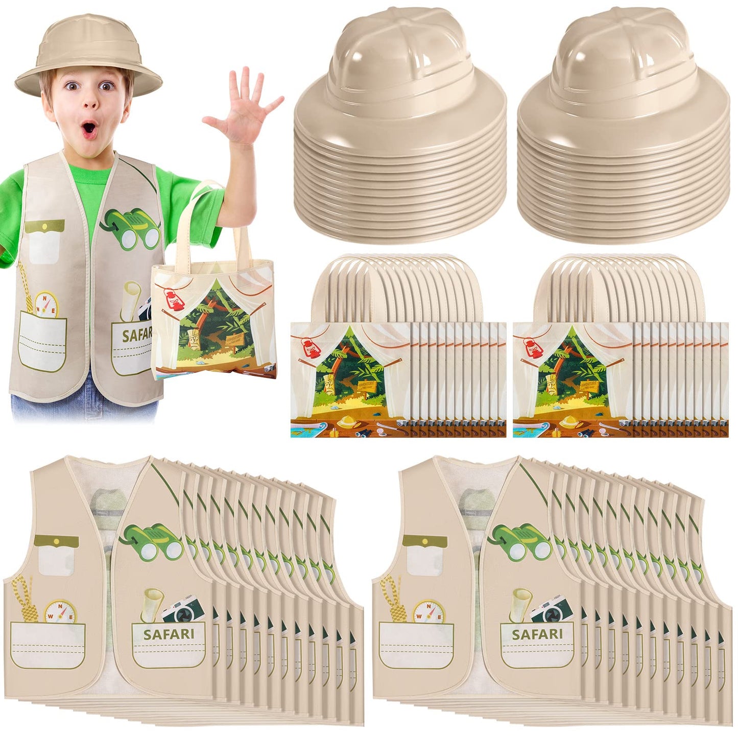 Newcotte 72 Pcs Kids Explorer Costume Toy Include 24 Kids Safari Vest 24 Kids Party Plastic Safari Hats 24 Tote Bag for Kids Explorer Jungle Party Outdoor