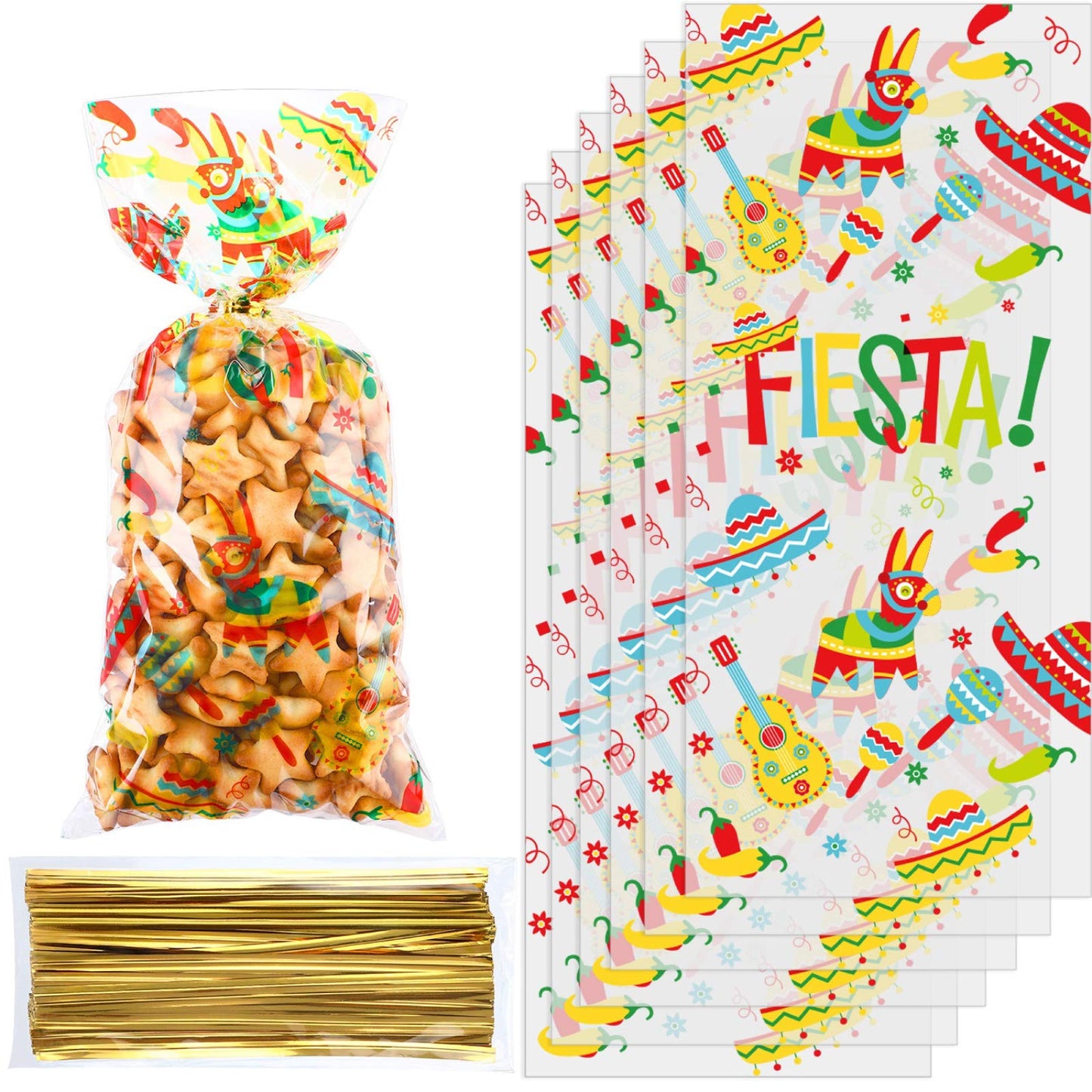 Mexican Fiesta Cellophane Treat Bags with Twist Ties – 100 Pack