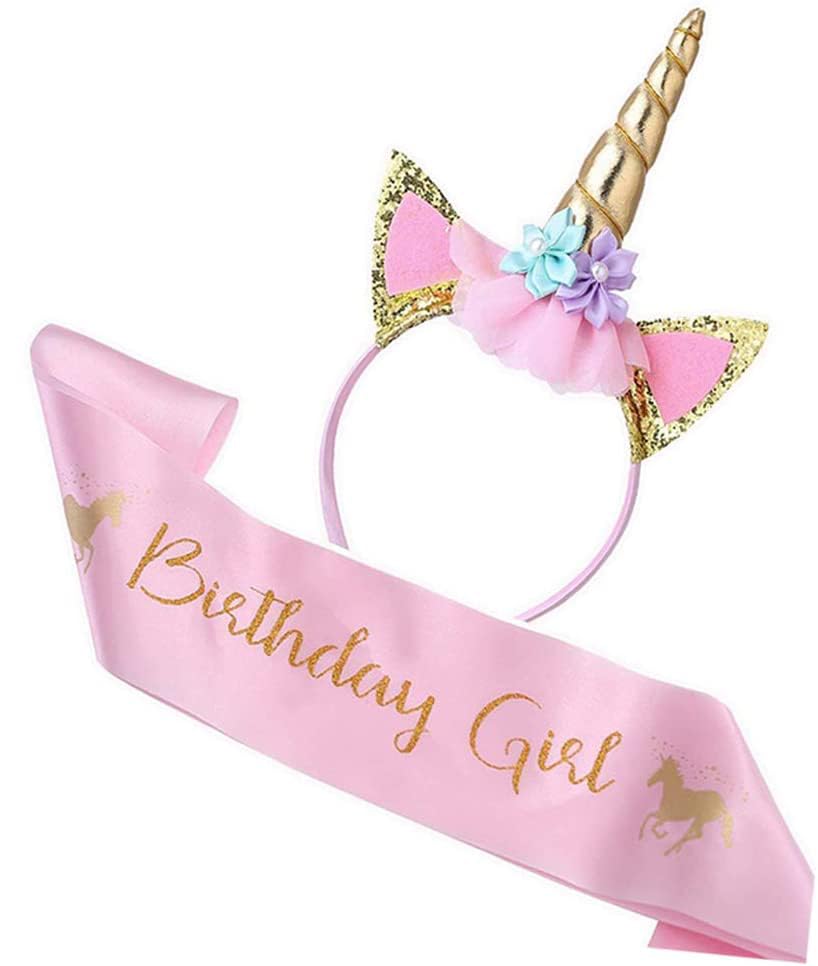 Unicorn Headband & Birthday Sash Set for Girls