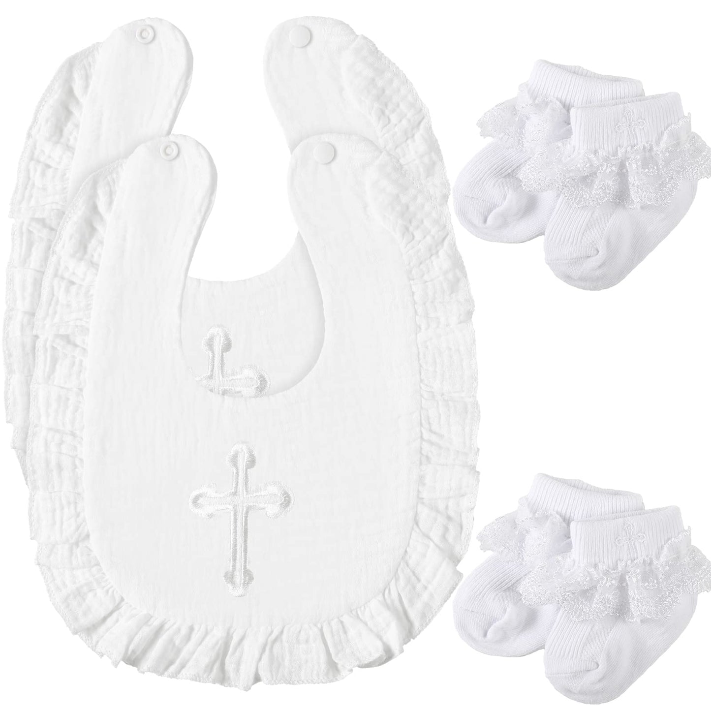 Lasnten 4 Pcs Baptism Outfit Baptism Gifts for Boys Girls Infant Baby Baptism Bib and Socks White Embroidered Cross Bib with Ruffles and Lace Socks Christening Gifts for Baby Infant Newborn