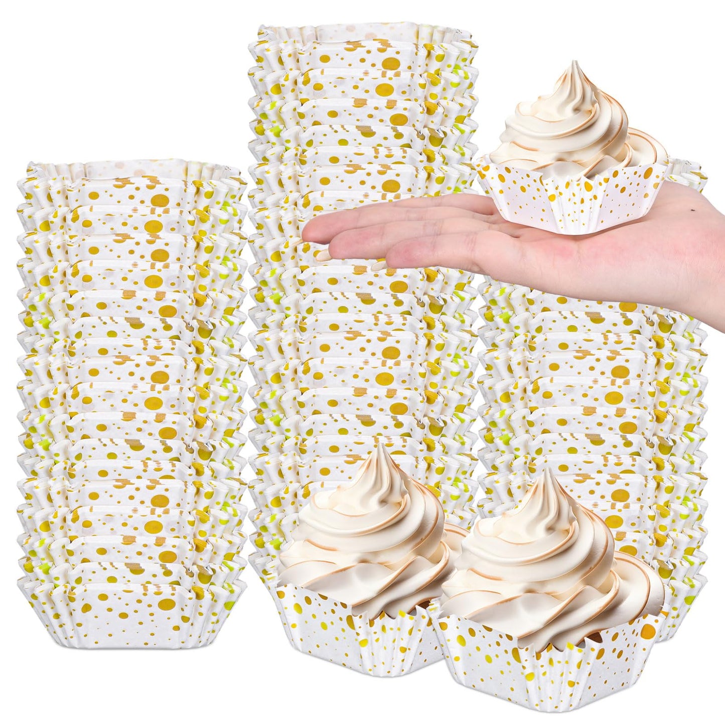 Whaline 500Pcs Square Mini Cupcake Liners Disposable Brownie Baking Cups Gold Dots White Cupcake Wrappers for Wedding Bridal Baby Shower Birthday Party Decor