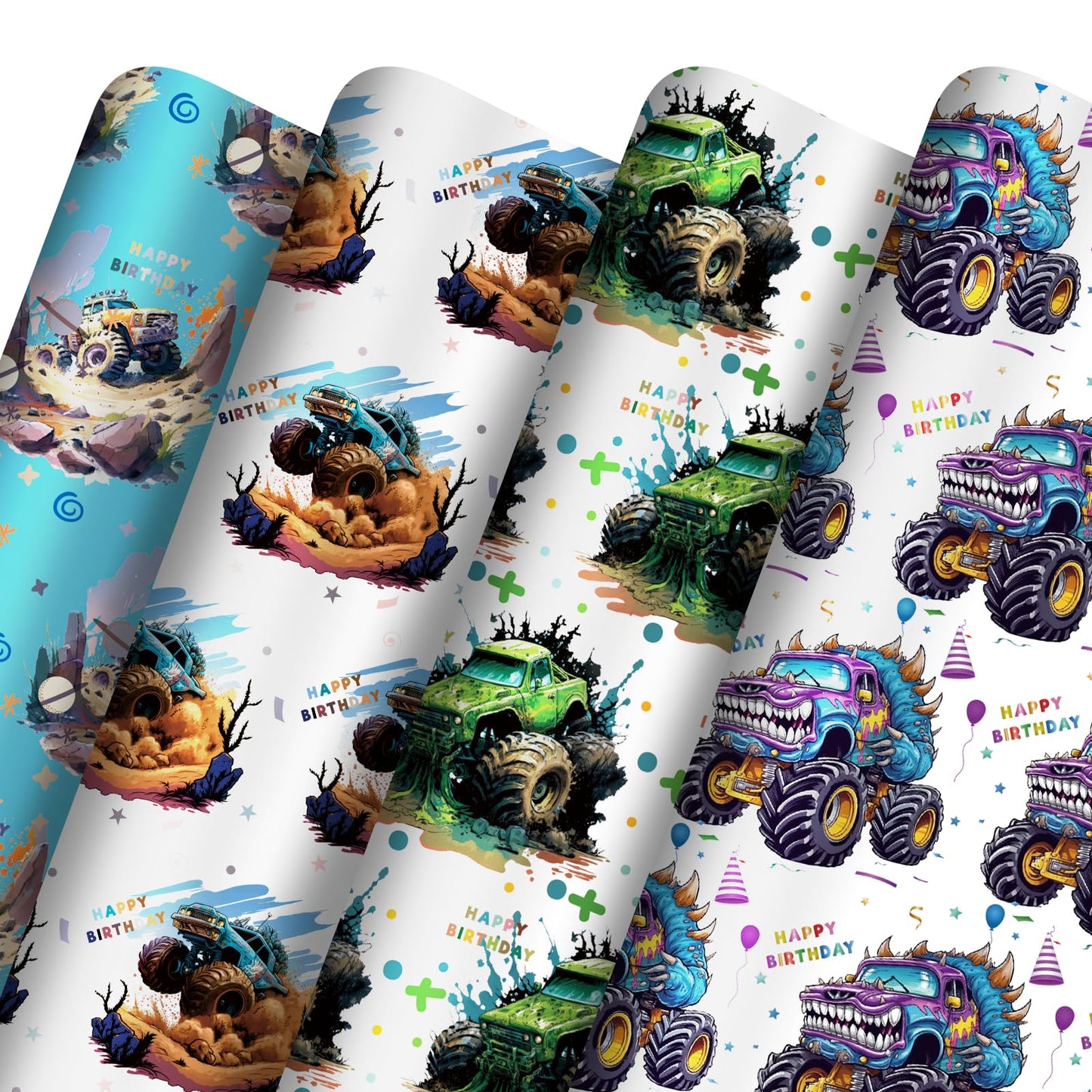 Vnaaem Monster Truck Birthday Wrapping Paper 8 Pc Happy Birthday Gift Wrap Racing Car Art Paper Folded Flat for Boys Kids Baby Shower Holiday 19.6 X27.8Inch