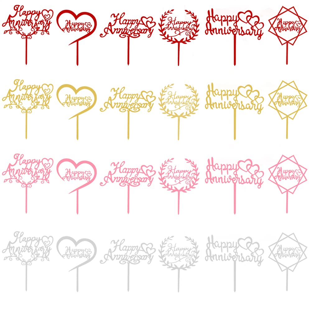 24Pcs Happy Anniversary Cake Topper Multicolour Acrylic Wedding Anniversary Cake Topper for Wedding Retirement Anniversary Celeration Party Decorations