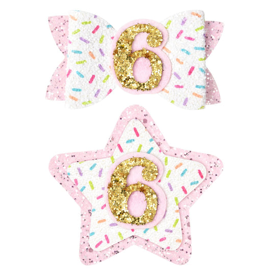6th Birthday Pink Glitter Hair Bow and Badge Set