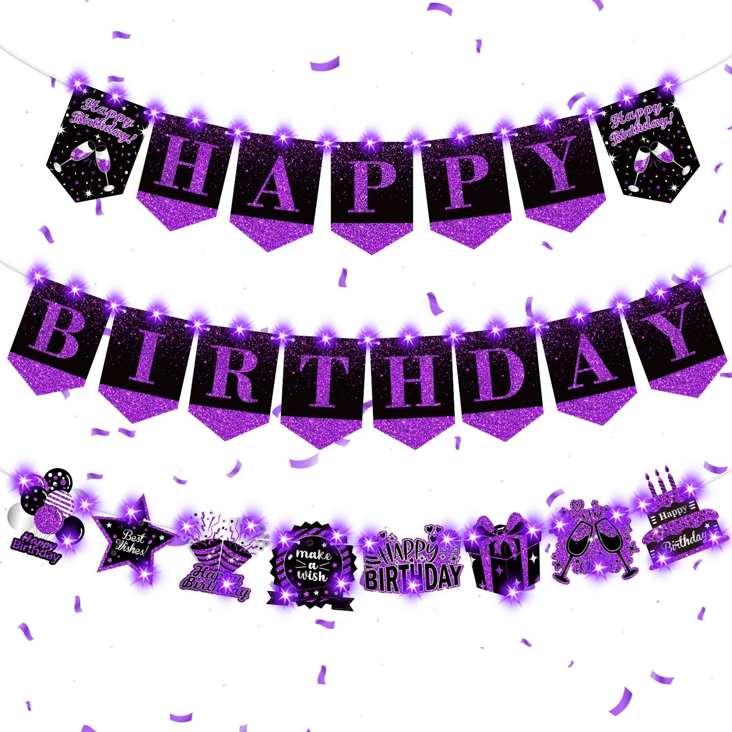 Purple Lighted Happy Birthday Banner Garland