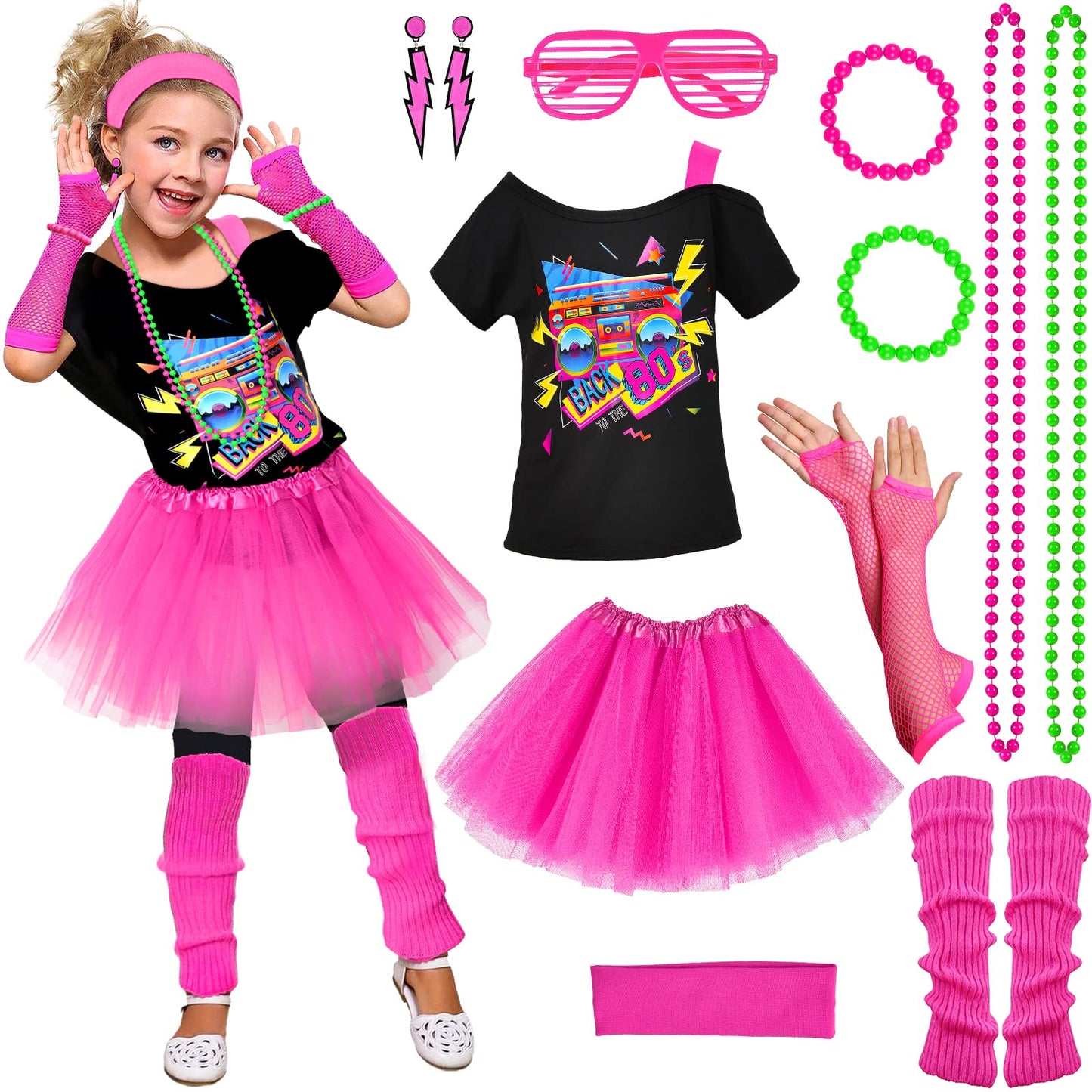 Girls' 80s Costume Accessories Set – 14 Piece, Rose Red Retro Radio Print