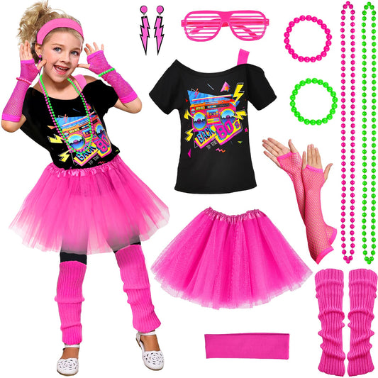 Girls' 80s Costume Accessories Set – 14 Piece, Rose Red Retro Radio Print