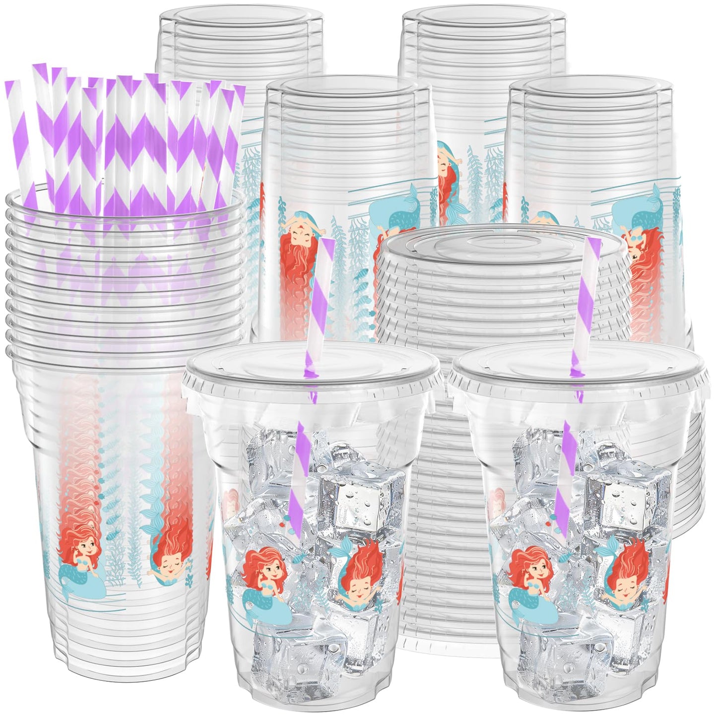 Mermaid Theme Plastic Party Cups with Lids & Straws - 50 ct