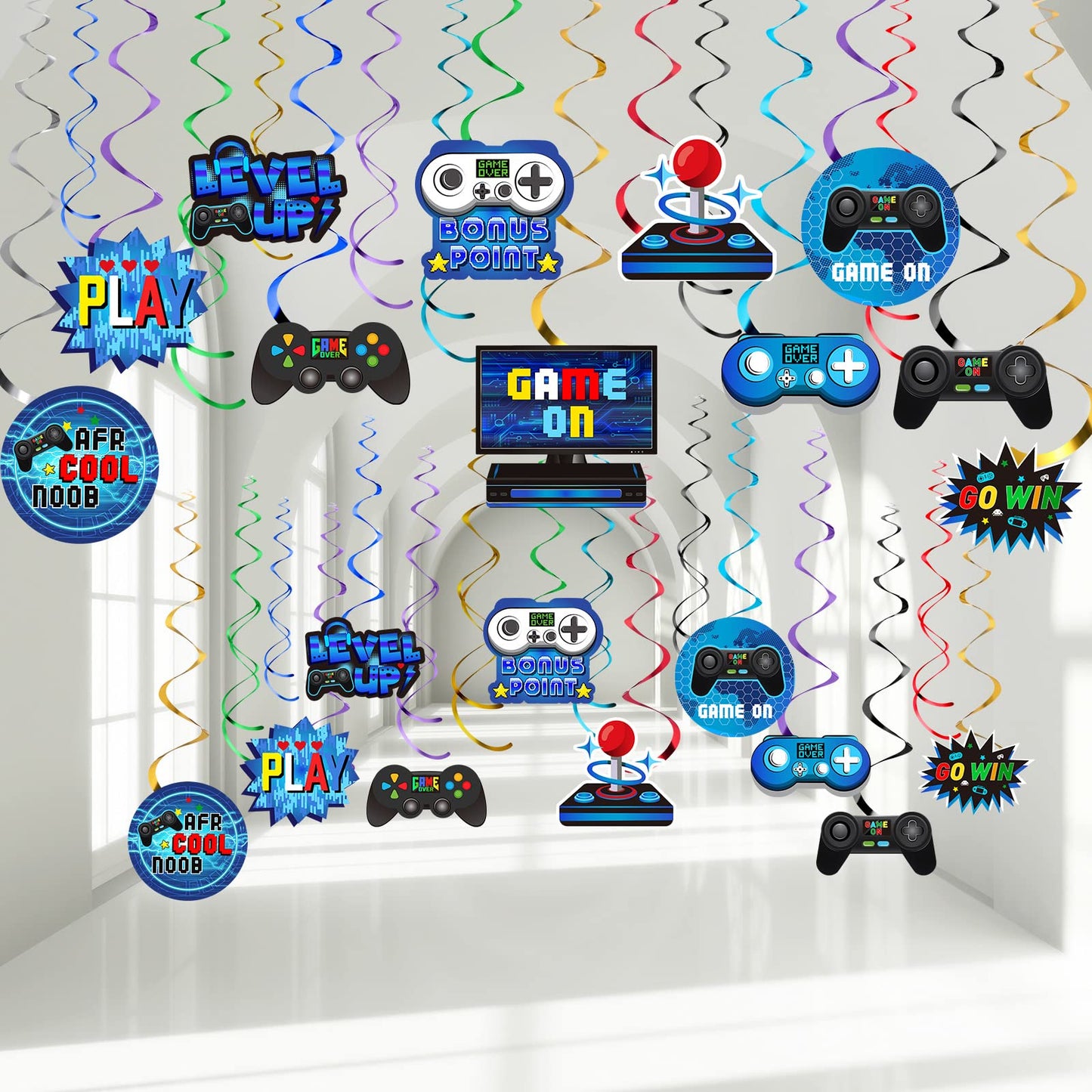 Video Game Hanging Swirl Ceiling Decorations – 51 Piece, Blue