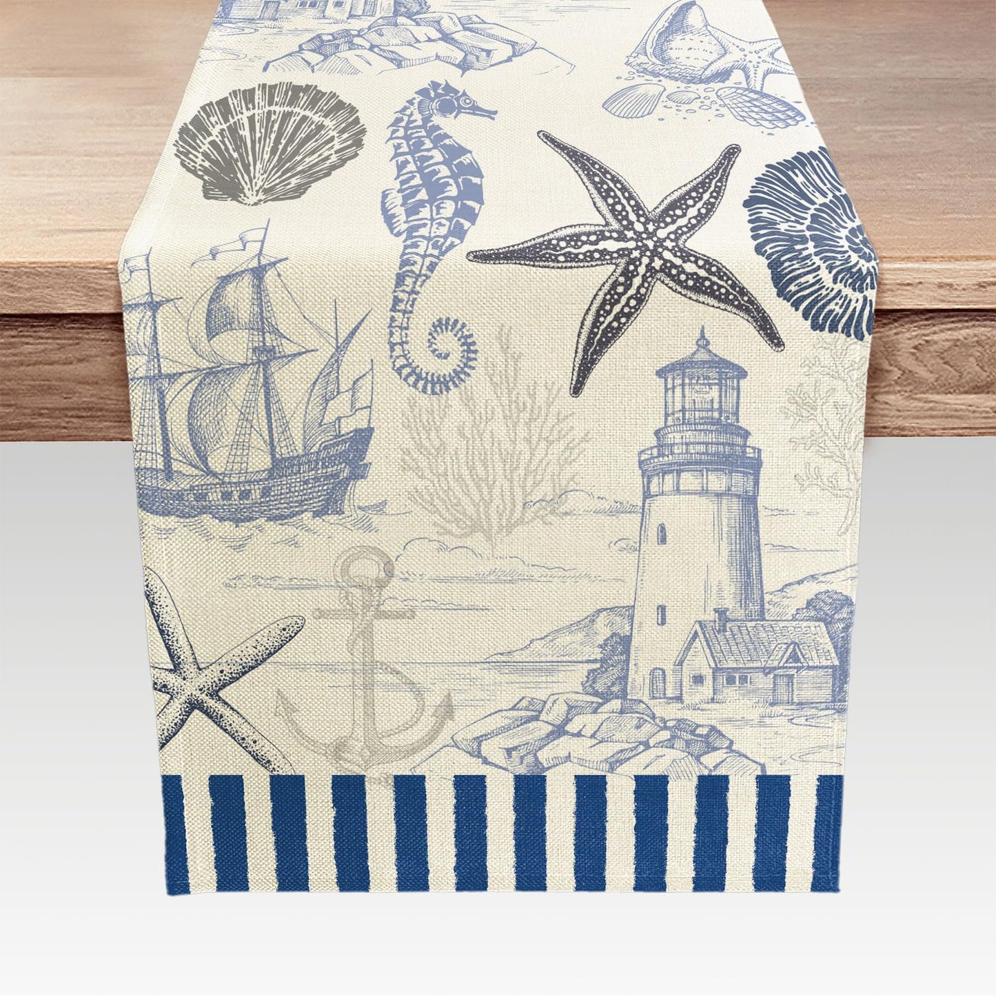 Summer Scallops Starfish Coral Coastal Table Runner Retro Ocean Beach Sea Animals Theme Home Kitchen Dining Blue Table Runner Nautical Table Runner Indoor Outdoor Party Decor 13x36IN