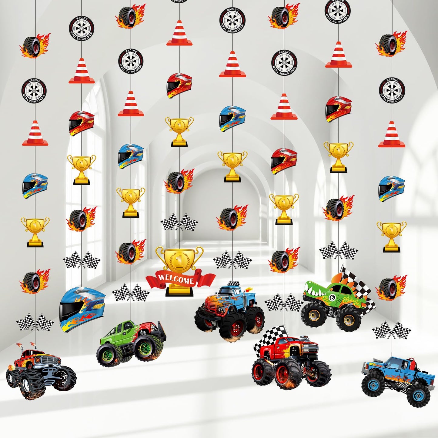 Monster Truck Hanging Garland & Banner Backdrop Set – 8 Piece