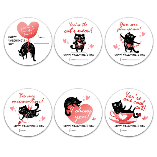 Black Cat Valentine's Day Gift Tag Stickers – 60 Pack