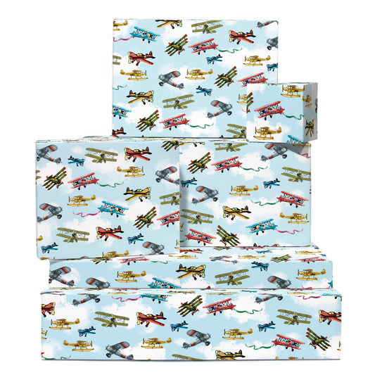 Vintage Airplane Birthday Wrapping Paper – 6 Sheets with Tags & Stickers