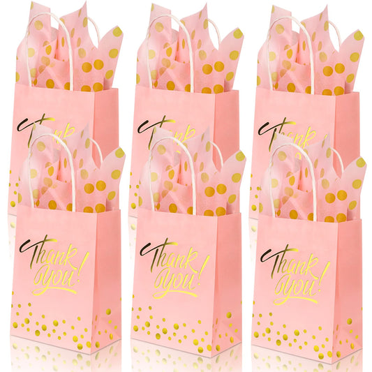 Pink Kraft Paper Gift Bags with Bow Ribbon & Tissue Paper – 25 Pack