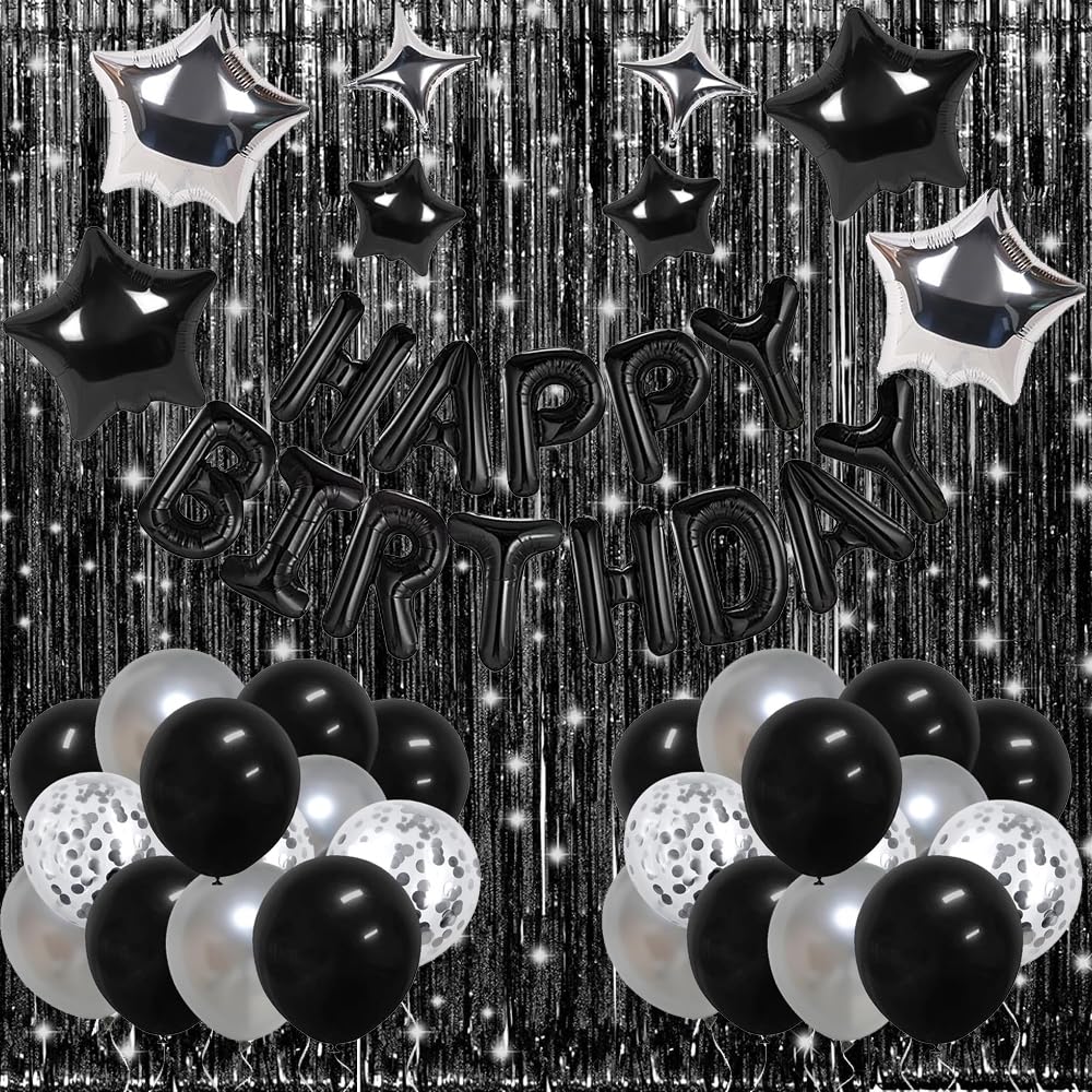 Black Birthday Party Decorations Kit – Banner, Fringe Curtains & Balloons