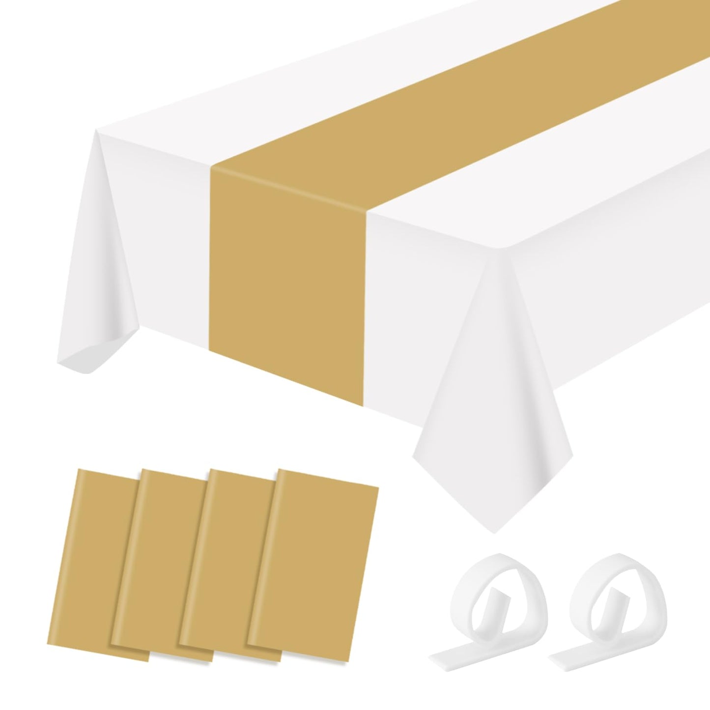 Premium Disposable Plastic Table Runner 14 x 108 Inch Table Runner for Wedding Dinner Birthday Banquet Halloween Christmas Party Decoration (Gold 4 Pack Rectangle)