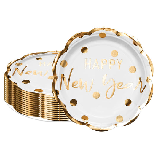 Happy New Year White & Gold Paper Plates
