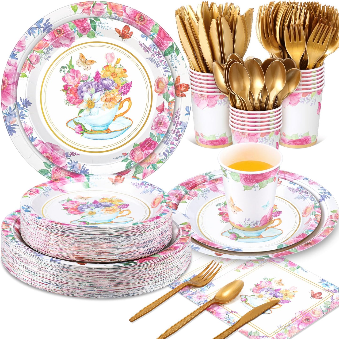 Ziliny 350 Pcs Tea Party Supplies Spring Summer Sage Green Sunflower Party Tableware Set Disposable Plates Napkins Paper Cups Plastic Cutlery Set For Birthday Bridal Baby Shower Serves 50(Tea Party)