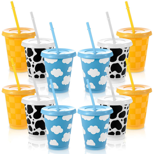 Cartoon Story Reusable Plastic Party Cups with Lid & Straw - 12 ct