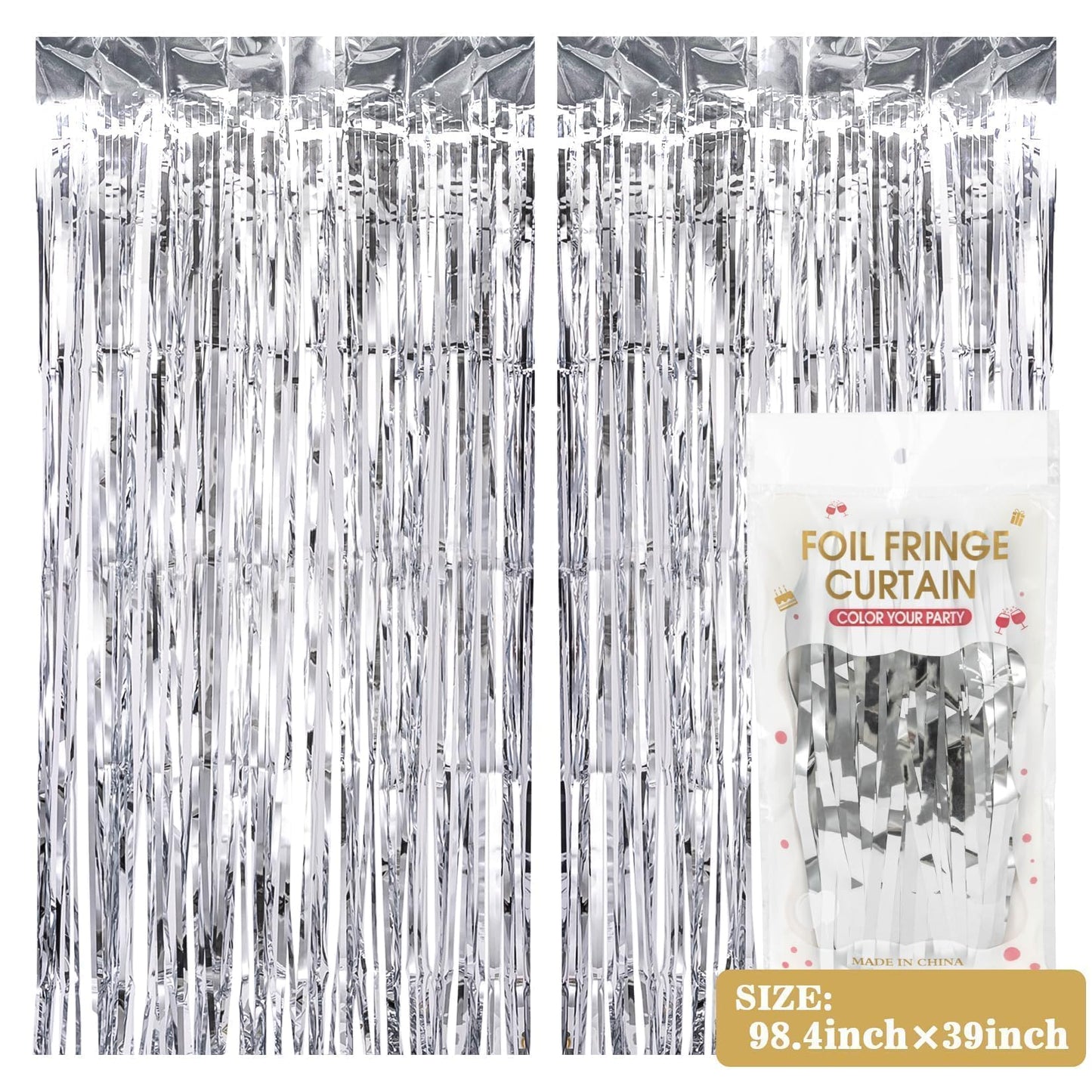 Metallic Silver Tinsel Fringe Party Backdrop Curtains - 2 ct