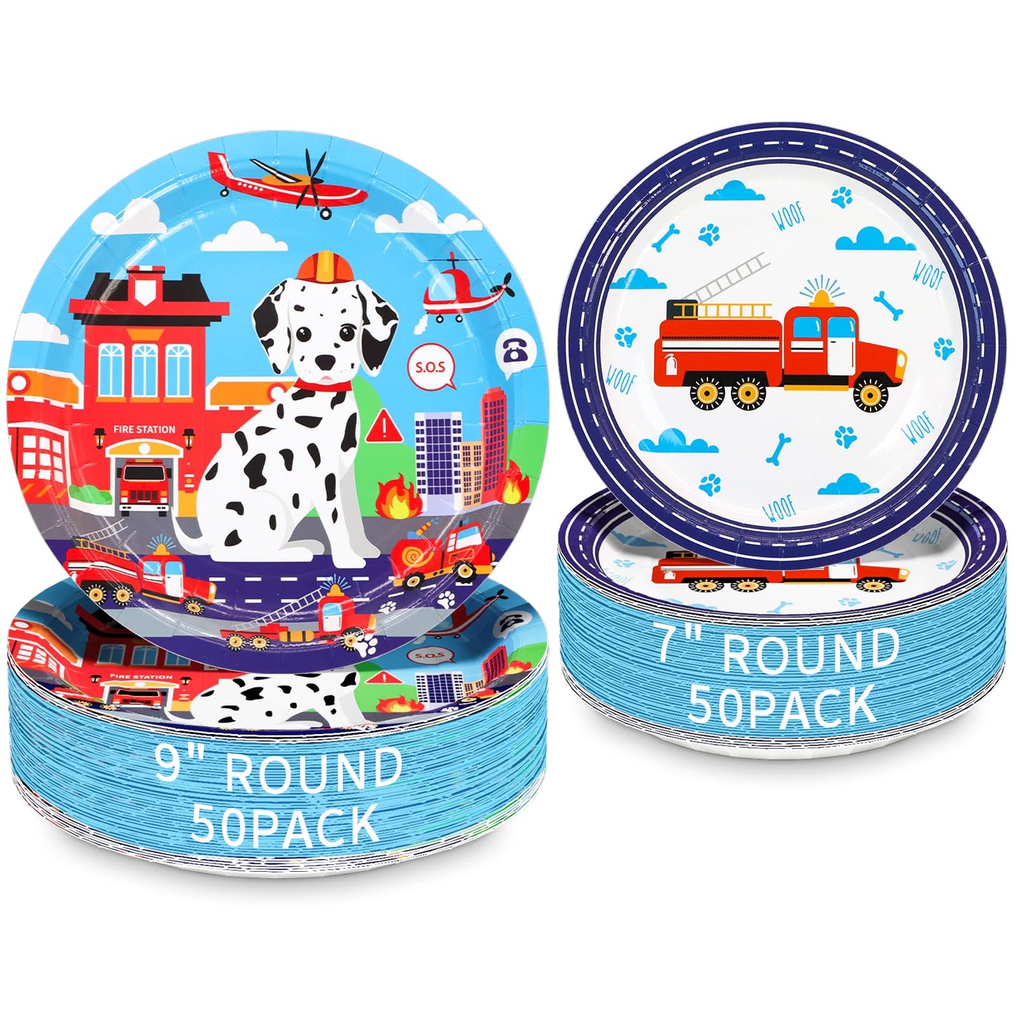 Fire Truck & Fire Dog Paper Plates – 100 Pack, Serves 50
