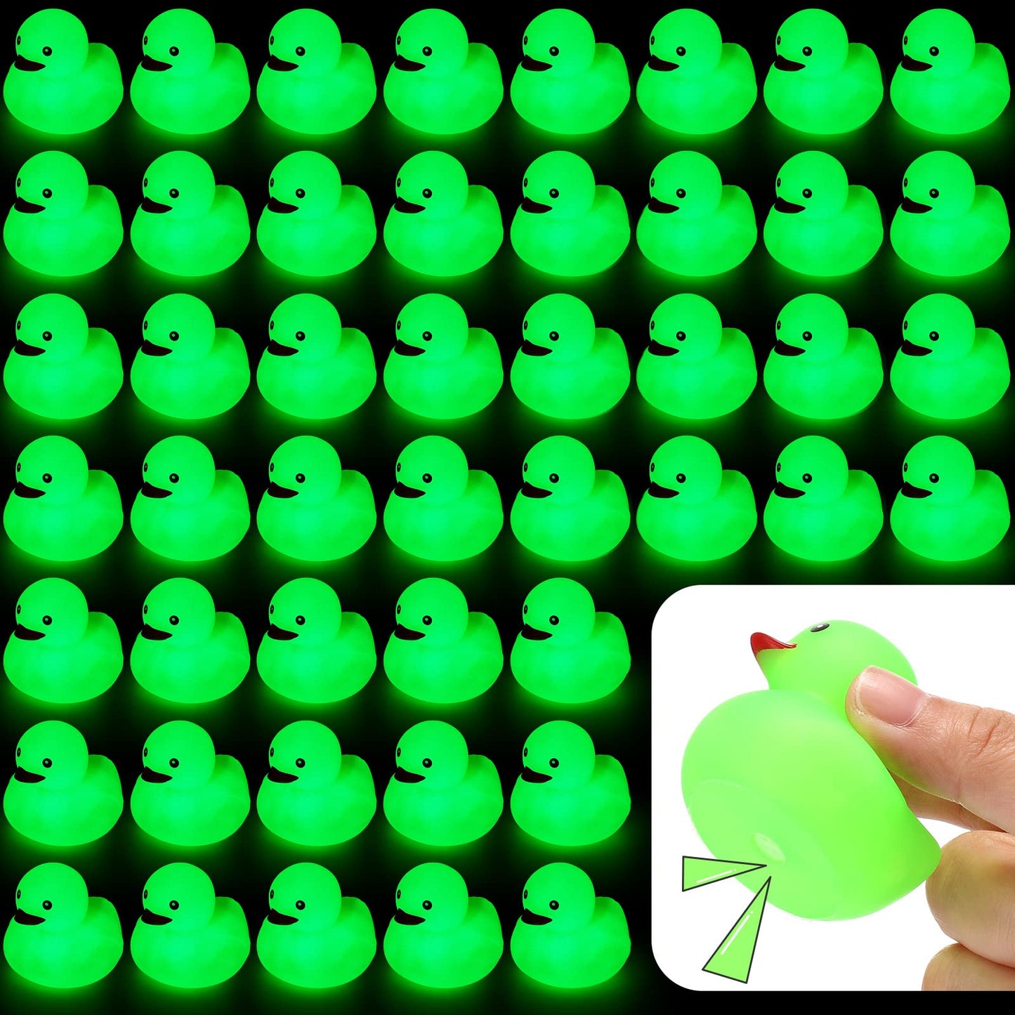 Tradder 50 Pcs 2 Inch Glow in the Dark Rubber Ducks Bulk Light up St. Patricks Day Rubber Float Ducks for Bath Bathtub Baby Shower Irish Birthday Party Favors Gift(Green)