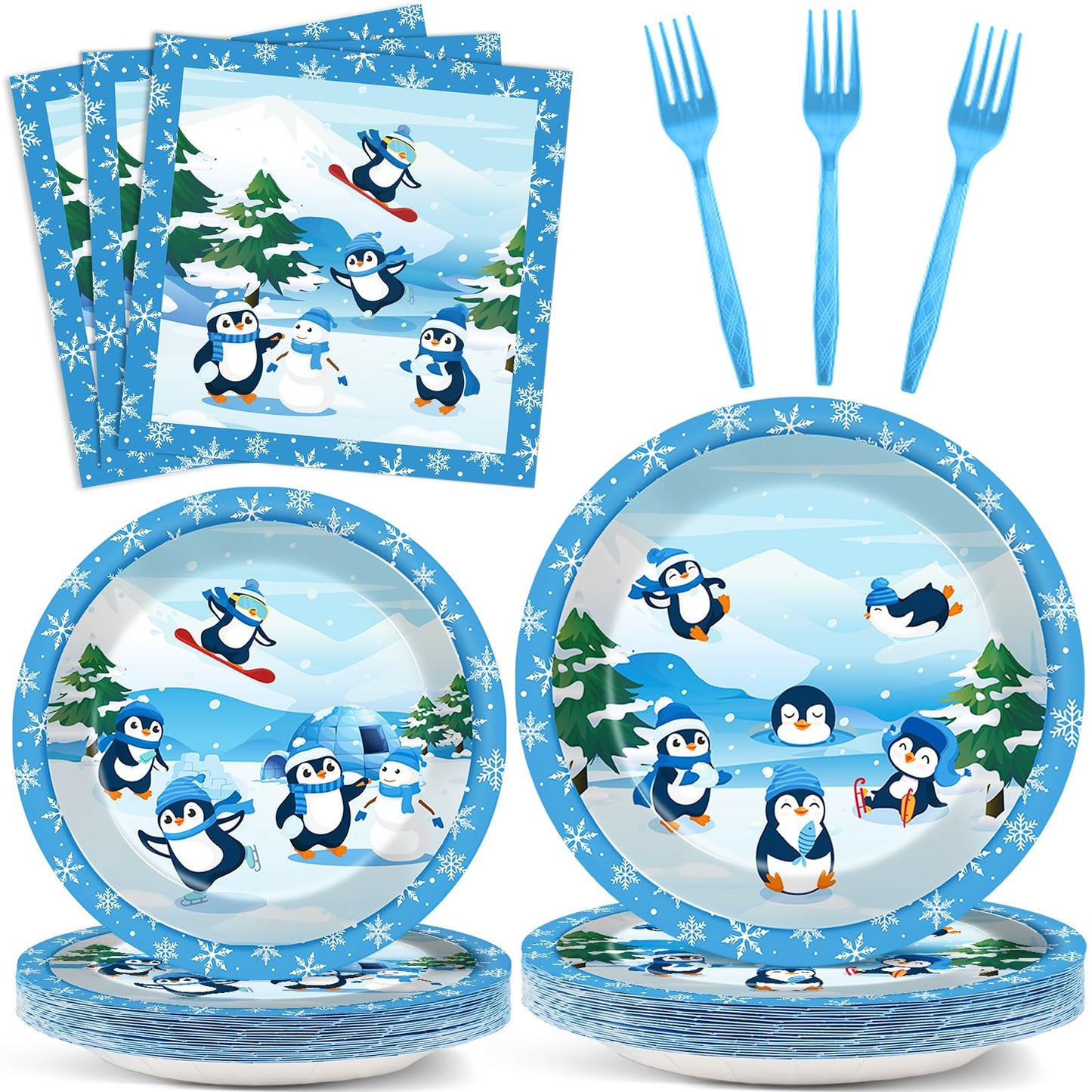 Winter Penguin Party Tableware Set – 96 Piece, Serves 24