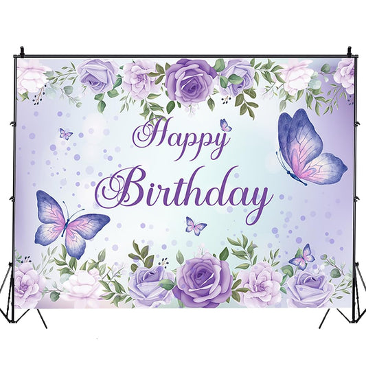 Purple Butterfly & Rose Flowers Happy Birthday Backdrop – 6 x 6 Ft