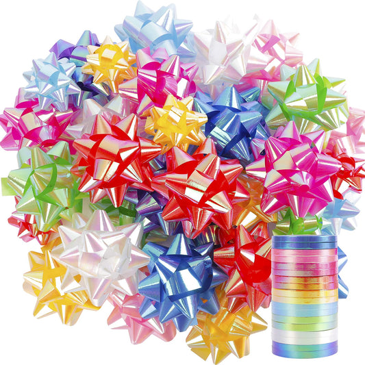 Rainbow Gift Bows & Curling Ribbon Set – 72 Bows, 18 Ribbon Rolls
