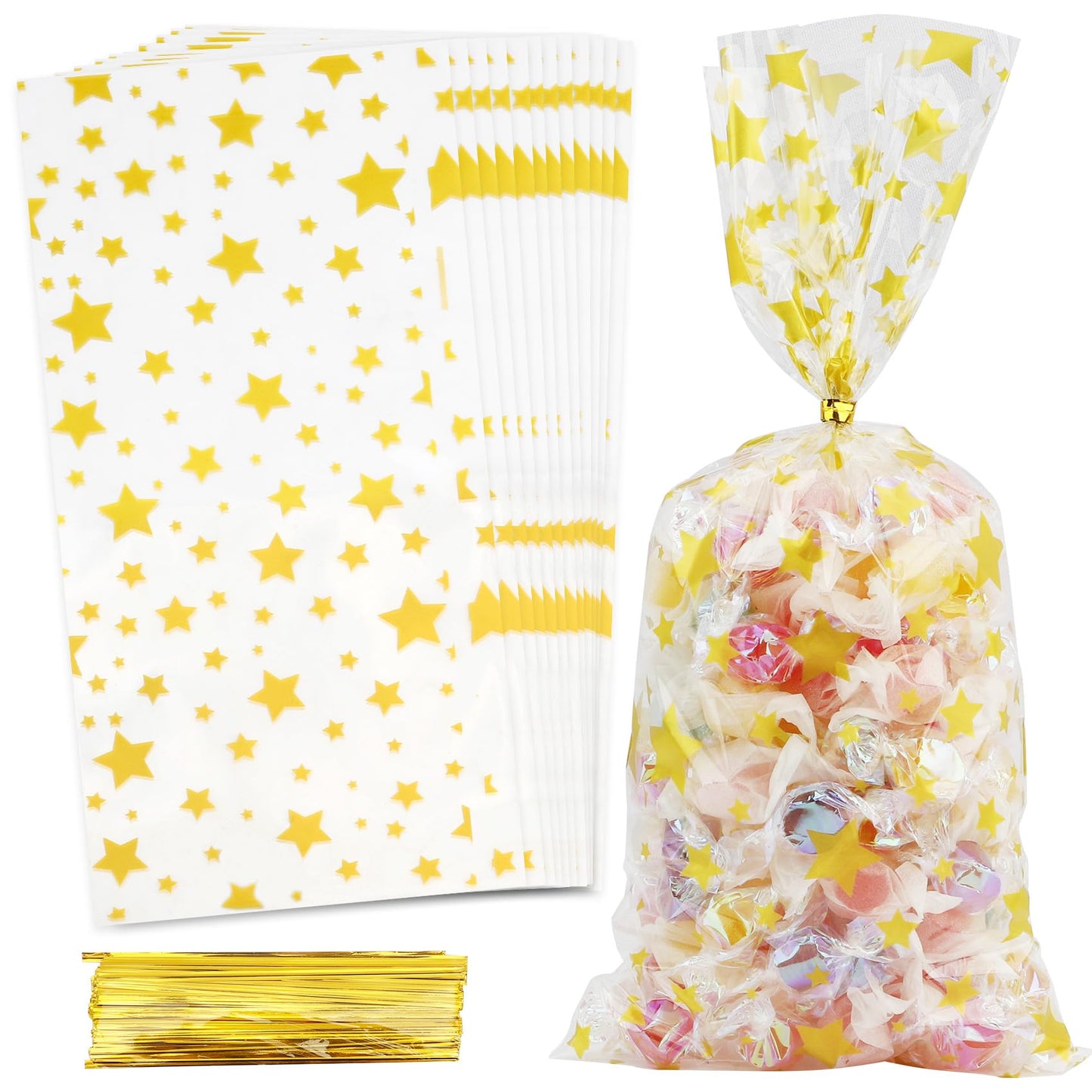 Cellophane Bags 100 PCS Star Printed Cellophane Treat Bags 10.7"X 5" Cello Goodie Bags Cookie Bags Clear Party Favor Bags Plastic Gift Wrap Candy Bags with Twist Ties for Birthday Wedding Bakery