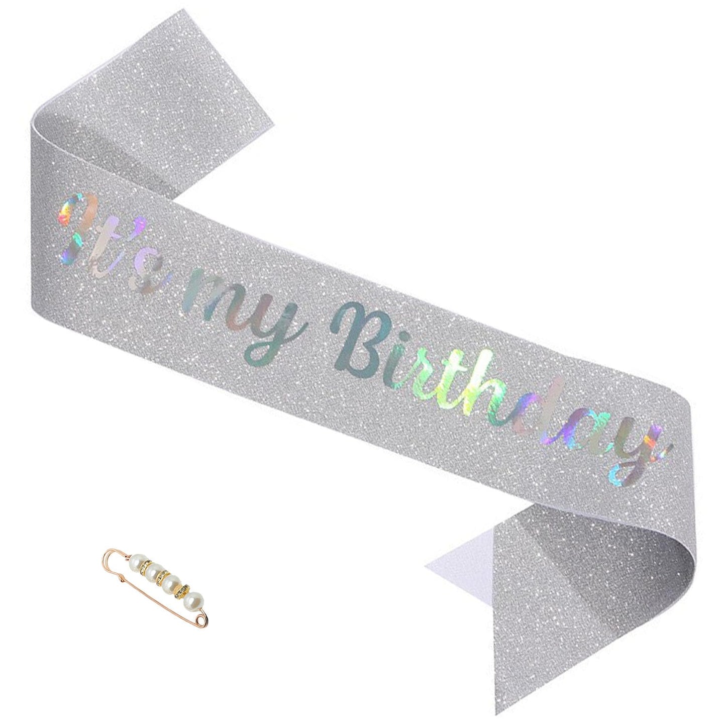 It's My Birthday Silver Glitter Sash with Pearl Pin